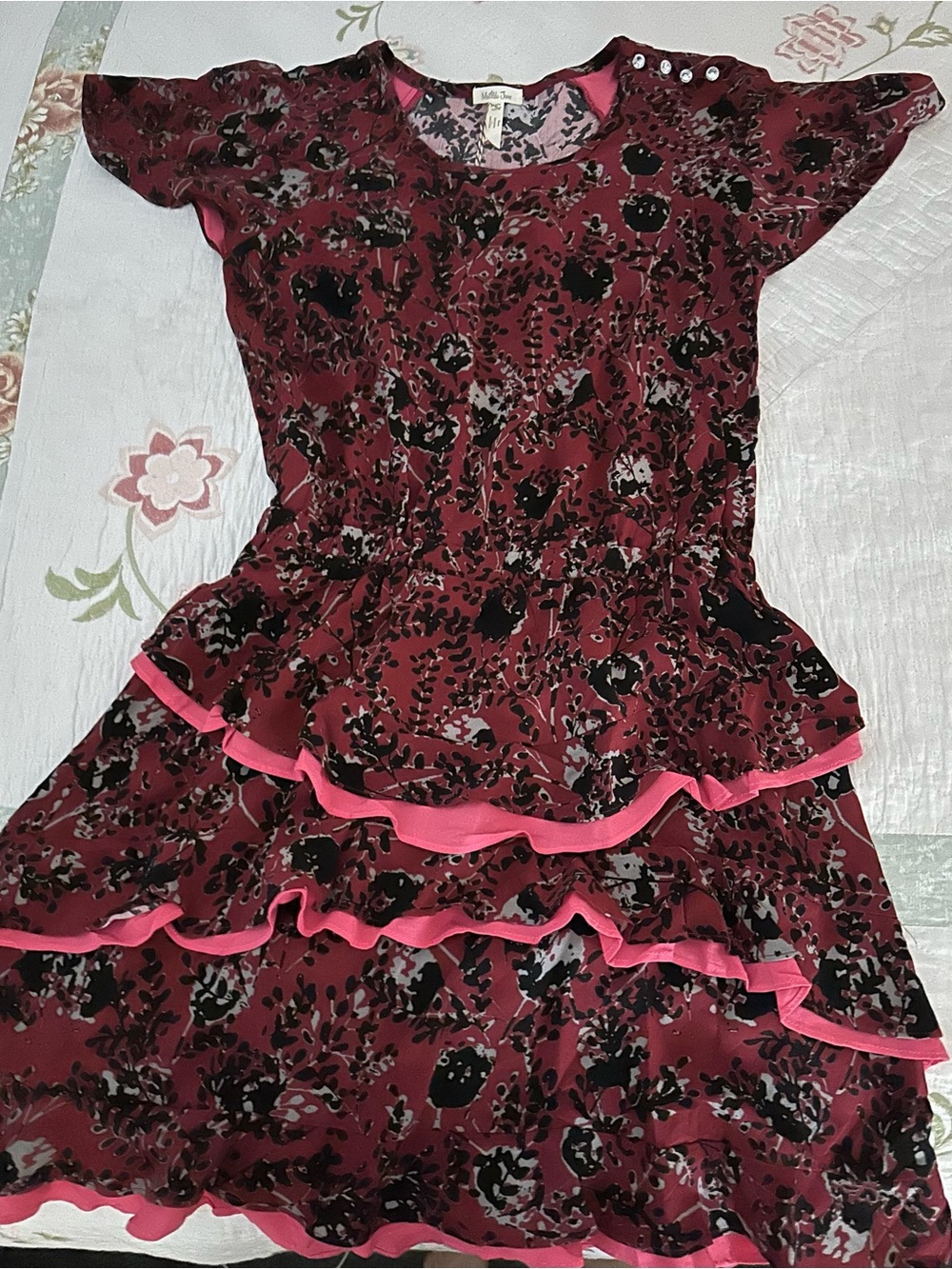Matilda Jane Burgundy Floral Ruffle Dress with Pink Trim